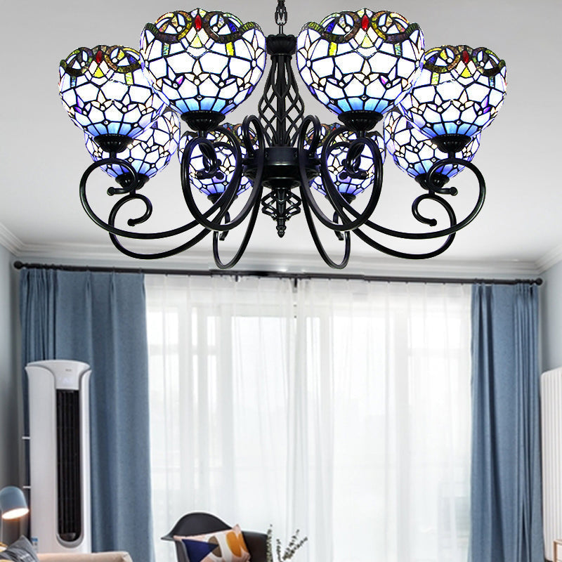 Baroque Chandelier Light: Blue/Brown Glass Bowl Shade Black Finish - Elegant Foyer Ceiling Pendant