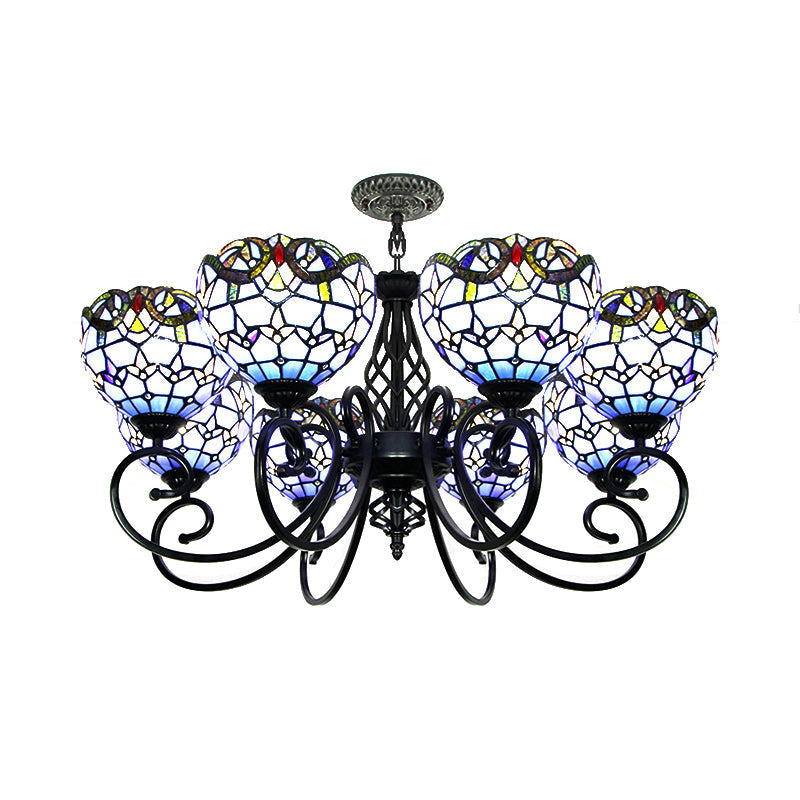 Blue/Brown Glass Baroque Chandelier with Bowl Shade and Black Finish for Foyer Ceiling