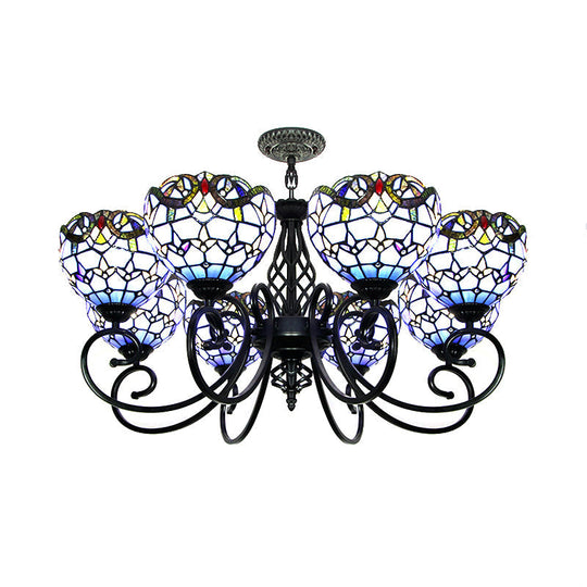 Blue/Brown Glass Baroque Chandelier with Bowl Shade and Black Finish for Foyer Ceiling