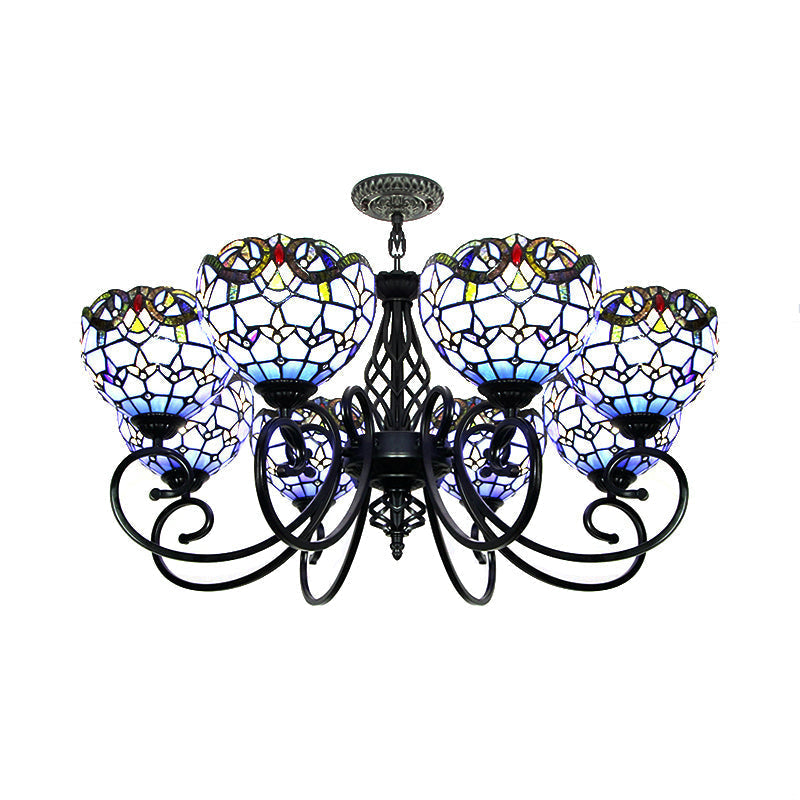Baroque Chandelier Light: Blue/Brown Glass Bowl Shade Black Finish - Elegant Foyer Ceiling Pendant