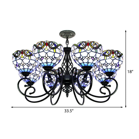 Baroque Chandelier Light: Blue/Brown Glass Bowl Shade Black Finish - Elegant Foyer Ceiling Pendant