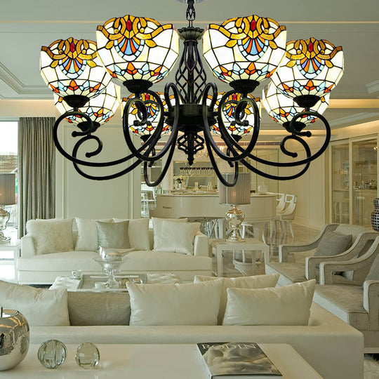 Blue/Brown Glass Baroque Chandelier with Bowl Shade and Black Finish for Foyer Ceiling