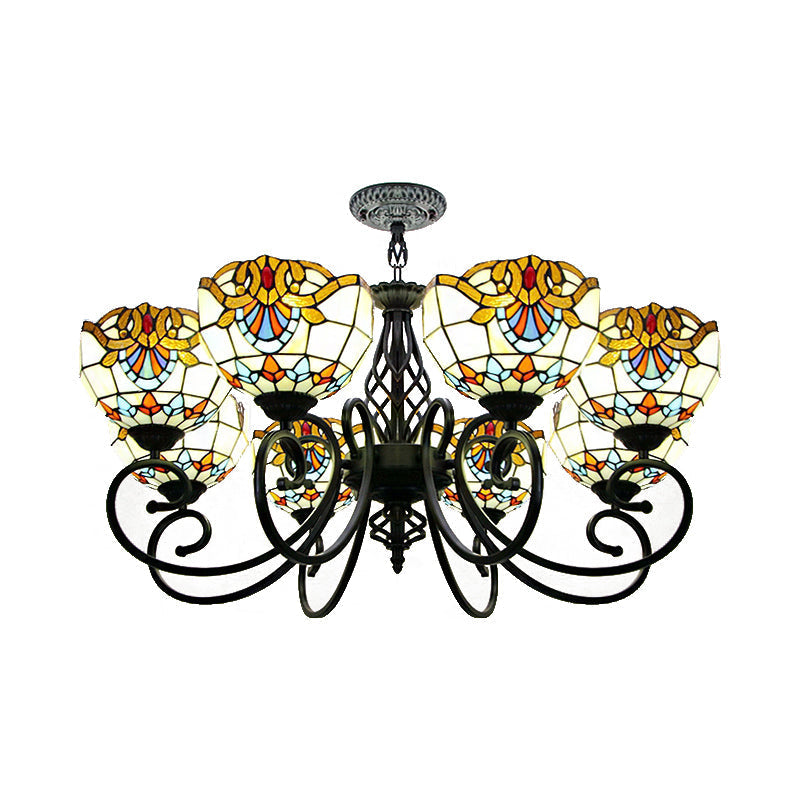 Blue/Brown Glass Baroque Chandelier with Bowl Shade and Black Finish for Foyer Ceiling