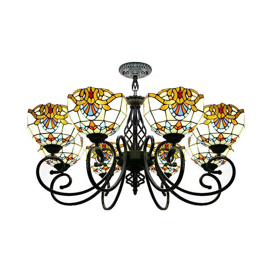 Baroque Chandelier Light: Blue/Brown Glass Bowl Shade Black Finish - Elegant Foyer Ceiling Pendant