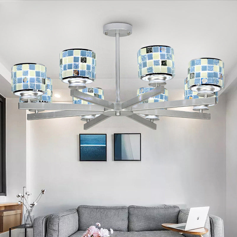Modern Glass Mosaic Drum Chandelier - 8-Light Indoor Lighting Fixture in Blue/Yellow for Living Room