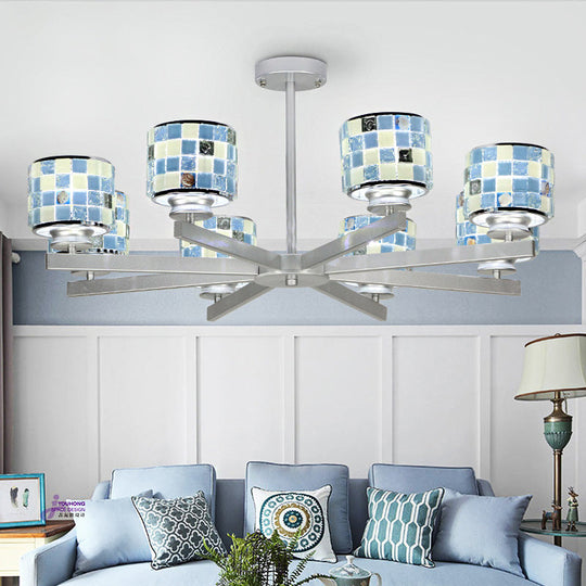Modern Glass Mosaic Drum Chandelier - 8-Light Indoor Lighting Fixture in Blue/Yellow for Living Room