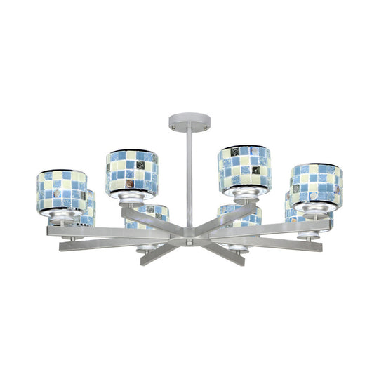 Modern Glass Mosaic Drum Chandelier - 8-Light Indoor Lighting Fixture in Blue/Yellow for Living Room