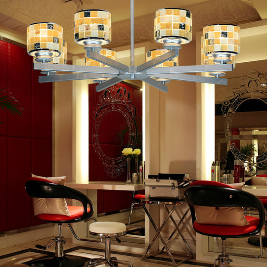 Modern Glass Drum Indoor Chandelier - Blue/Yellow Mosaic Design 8 Lights Ideal For Living Room