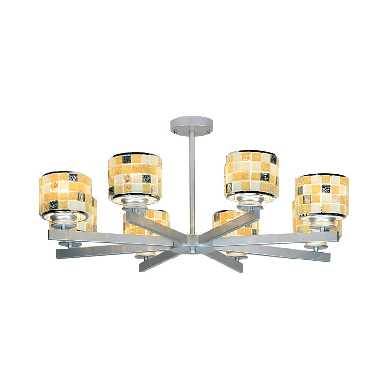 Modern Glass Drum Indoor Chandelier - Blue/Yellow Mosaic Design 8 Lights Ideal For Living Room