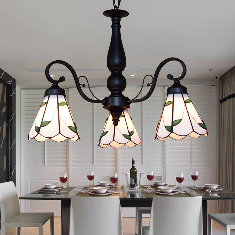 Adjustable Stained Glass Cone Chandelier with Traditional Pendant Light - 3 Lights and Rhombus/Leaf Detailing in Beige
