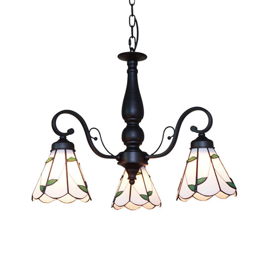 Adjustable Stained Glass Cone Chandelier with Traditional Pendant Light - 3 Lights and Rhombus/Leaf Detailing in Beige