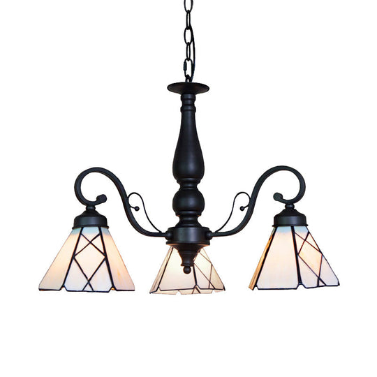 Adjustable Stained Glass Cone Chandelier with Traditional Pendant Light - 3 Lights and Rhombus/Leaf Detailing in Beige