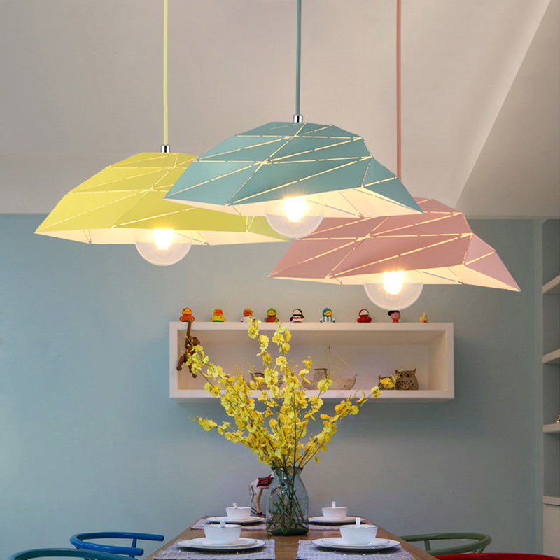 Contemporary Ceiling Pendant Light with Metal Shade - Pink/Yellow/Green Asymmetrical Hanging Lamp Kit