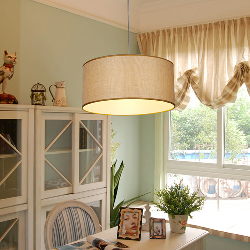 Simple Beige Fabric Drum Pendant LED Ceiling Light Fixture, 12"/16"/19.5" Dia