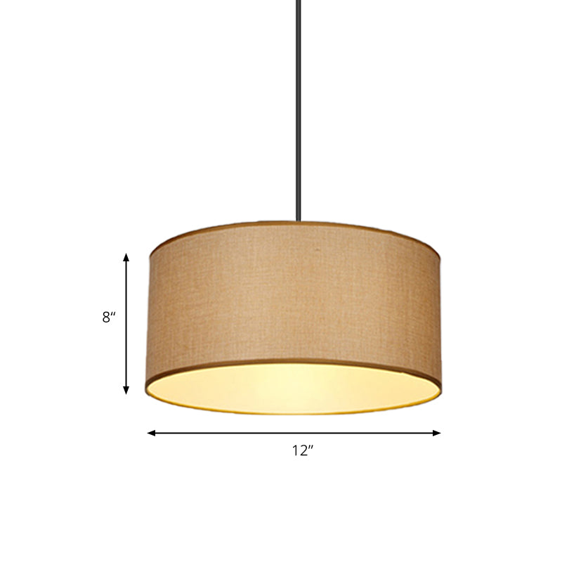 Simple Beige Fabric Drum Pendant LED Ceiling Light Fixture, 12"/16"/19.5" Dia