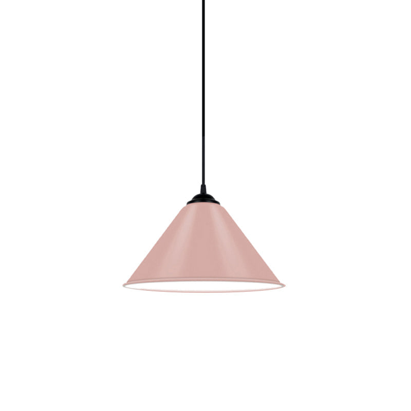 Modern Metal Cone Hanging Light, 1-Light Pink/Yellow/Green Pendant Light, 12"/14"/16" Dia