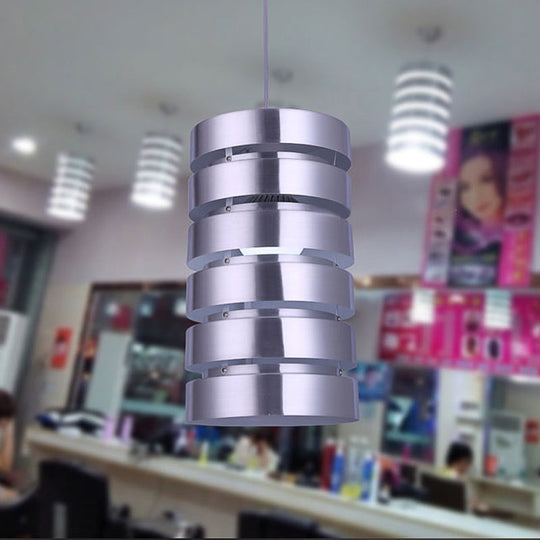Modern Cylindrical Metal Hanging Light Kit - 1 Head Silver Pendant For Dining Room