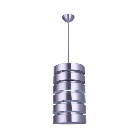 Modern Cylindrical Metal Hanging Light Kit - 1 Head Silver Pendant For Dining Room
