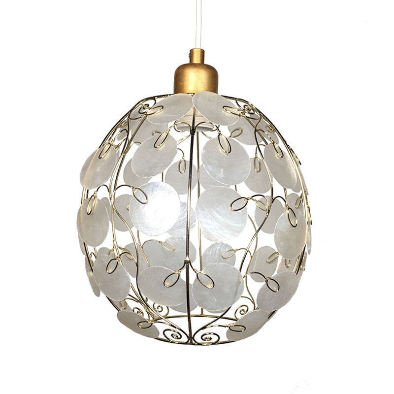 Contemporary Gold-Finish Sphere Shell Pendant Light, 1-Light White Ceiling Fixture