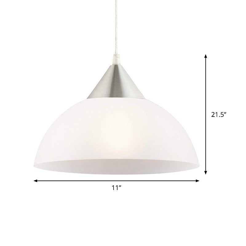 Modern 1-Light Pendant: White Glass Shade, Nickel Dome Ceiling Suspension Light