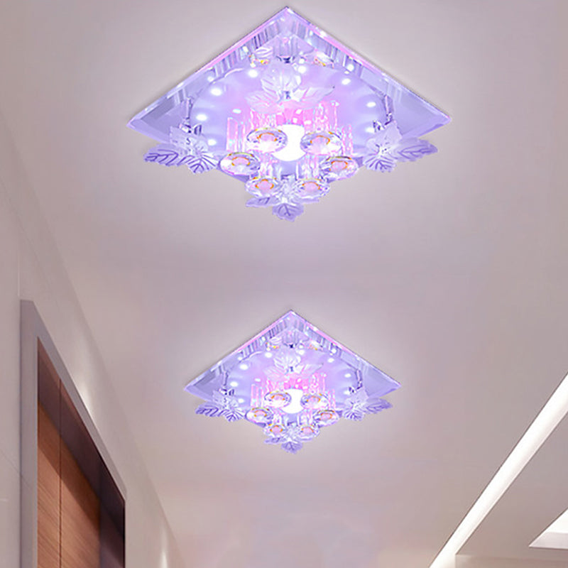 Clear Crystal LED Flush Mount Ceiling Light with Leaf Deco in Warm/White Light - 7"/9.5" Width for Hallways