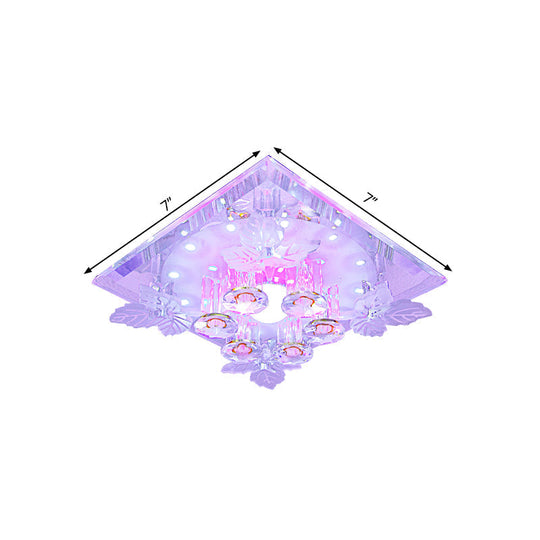 Clear Crystal Led Flush Mount Ceiling Light With Leaf Deco In Warm/White - 7/9.5 Width For Hallways