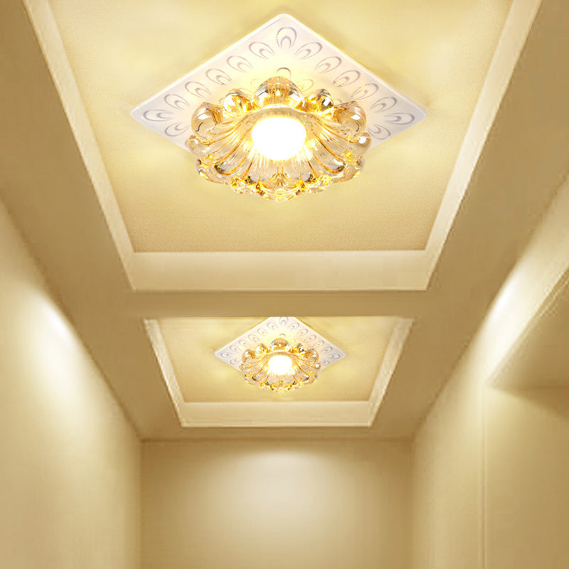 Simplicity LED Ceiling Light in White Round/Square Flushmount with Flower Crystal Shade - Warm/White Light