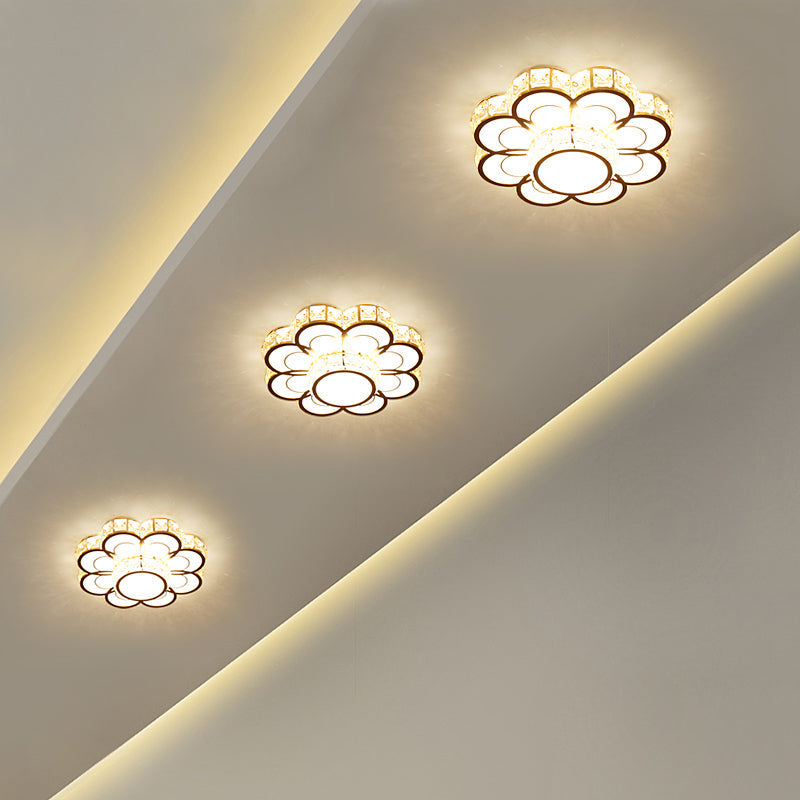 Beveled Crystal Flower Ceiling Light: Simple, LED Flush Mount Fixture - 10"/12" Width, Gold
