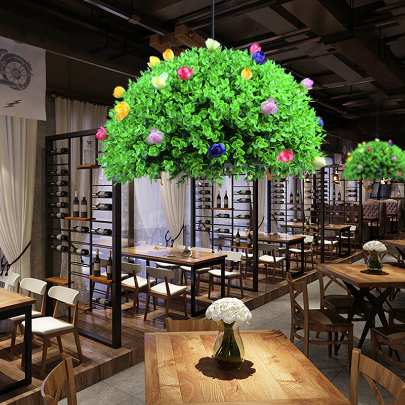 Factory Green Metallic Hanging Lamp Kit With 1-Light Suspension Lighting And Artificial Floral Decor