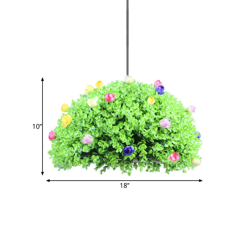 Factory Green Metallic Hanging Lamp Kit With 1-Light Suspension Lighting And Artificial Floral Decor