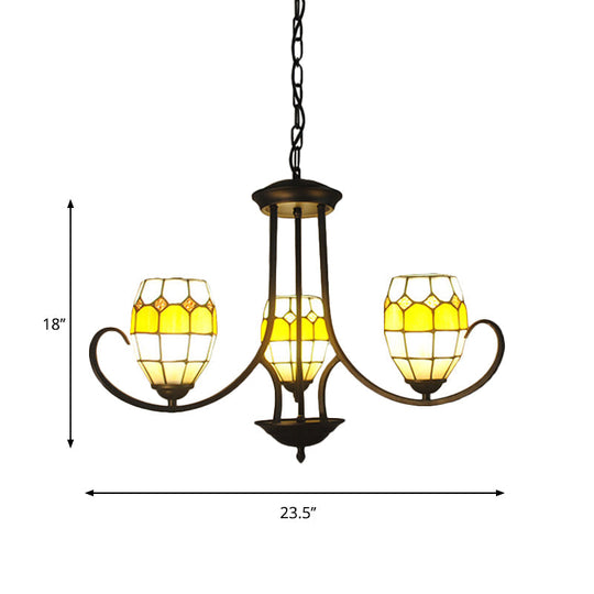Yellow Stained Glass Tiffany Chandelier with 3 Oval Pendant Lights for Bedroom Lighting