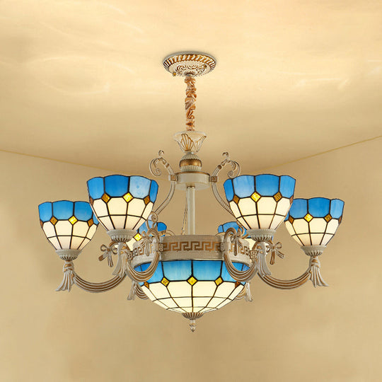 Blue Stained Glass Ceiling Lamp: Mediterranean Domed Chandelier (6/8 Lights) For Bedroom