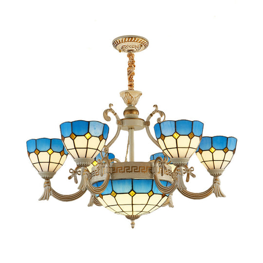 Blue Stained Glass Ceiling Lamp: Mediterranean Domed Chandelier (6/8 Lights) For Bedroom