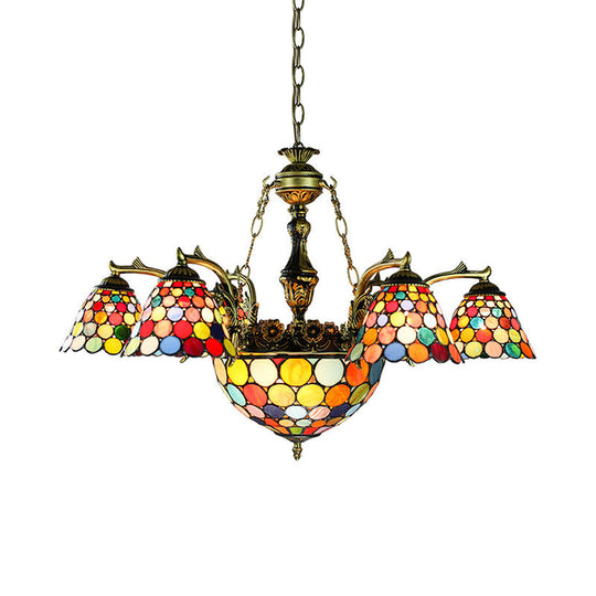 Antique Bronze Tiffany 11-Light Flared Chandelier with Stained Glass Geometric/Dragonfly/Sunflower Pattern