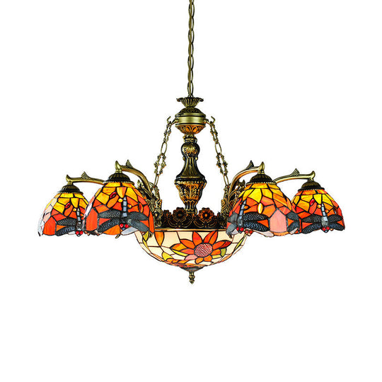 Antique Bronze Tiffany 11-Light Flared Chandelier with Stained Glass Geometric/Dragonfly/Sunflower Pattern
