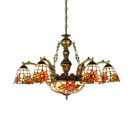 Antique Bronze Tiffany 11-Light Flared Chandelier with Stained Glass Geometric/Dragonfly/Sunflower Pattern
