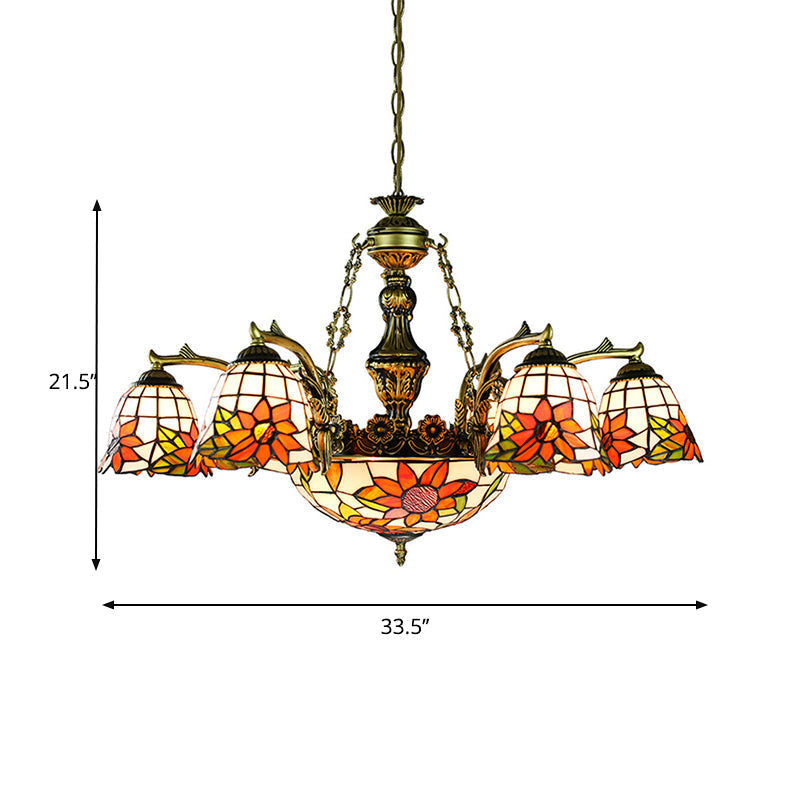 Antique Bronze Tiffany 11-Light Flared Chandelier with Stained Glass Geometric/Dragonfly/Sunflower Pattern
