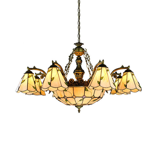 Tiffany Stained Glass Chandelier - 9/11 Lights, Beige with Leaf Pattern