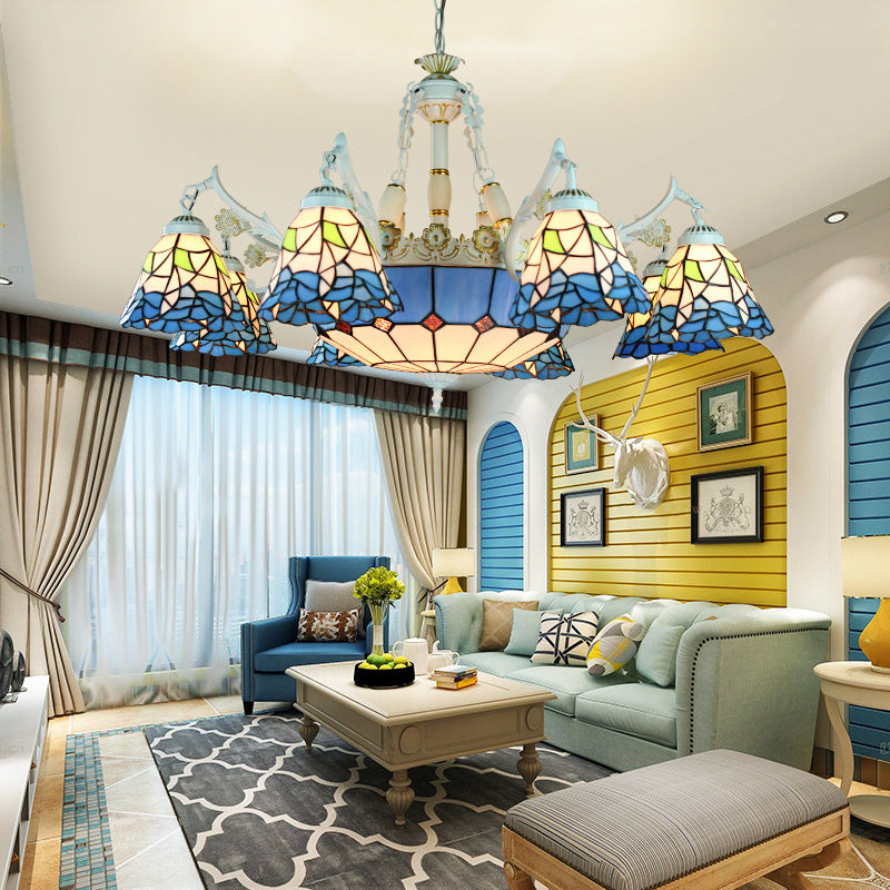 Tiffany Stained Glass Hanging Chandelier - 11 Light Pendant Ceiling Light with Flower/Square/Diamond/Gem Pattern - White