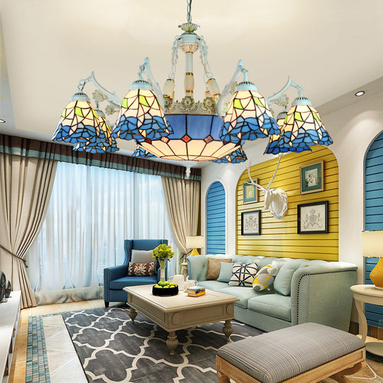 Tiffany Stained Glass Hanging Chandelier - 11 Light Pendant Ceiling Light with Flower/Square/Diamond/Gem Pattern - White