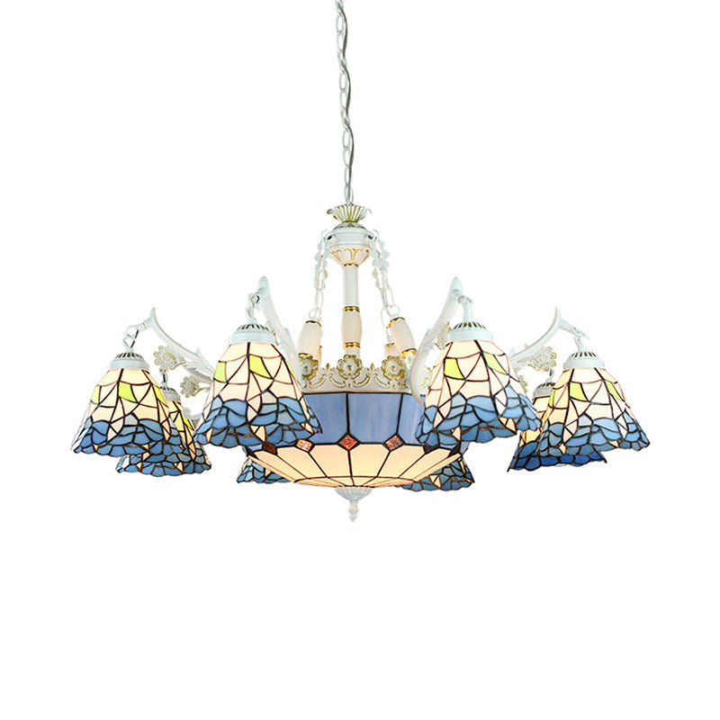 Tiffany Stained Glass Hanging Chandelier - 11 Light Pendant Ceiling Light with Flower/Square/Diamond/Gem Pattern - White