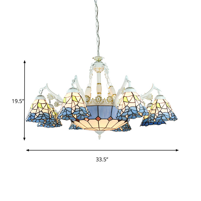 White Stained Glass Chandelier - 11 Lights Tiffany Pendant Ceiling Light With Floral & Geometric