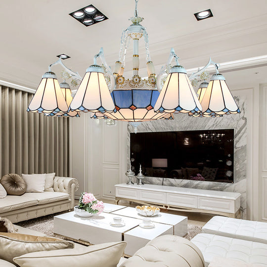 Tiffany Stained Glass Hanging Chandelier - 11 Light Pendant Ceiling Light with Flower/Square/Diamond/Gem Pattern - White