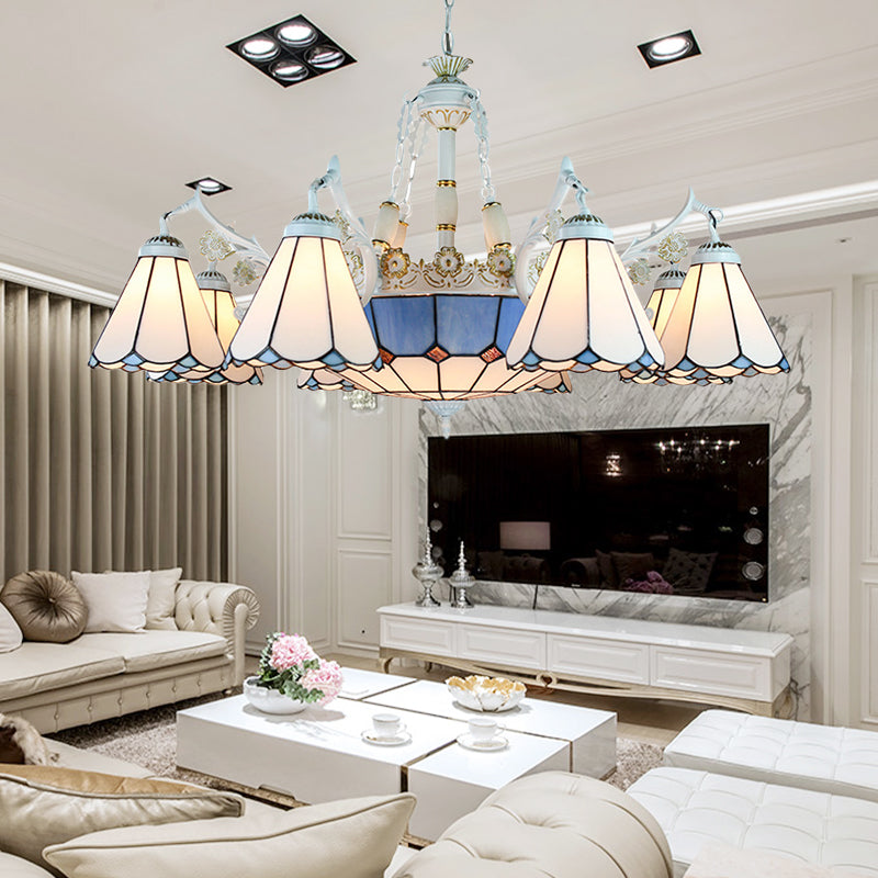 White Stained Glass Chandelier - 11 Lights Tiffany Pendant Ceiling Light With Floral & Geometric