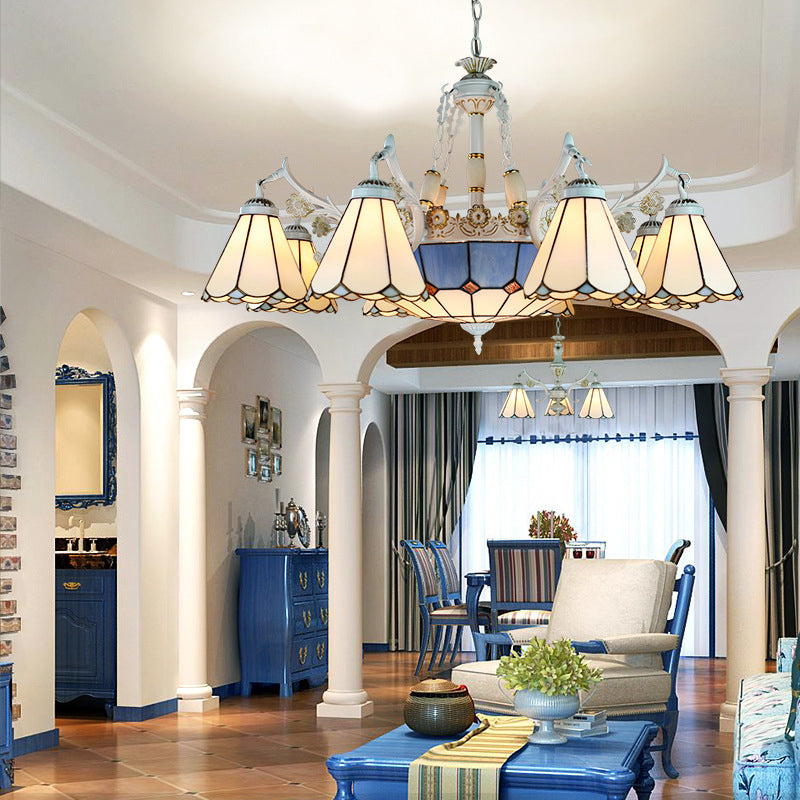 Tiffany Stained Glass Hanging Chandelier - 11 Light Pendant Ceiling Light with Flower/Square/Diamond/Gem Pattern - White