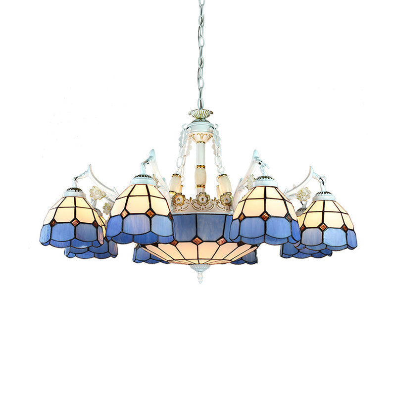 Tiffany Stained Glass Hanging Chandelier - 11 Light Pendant Ceiling Light with Flower/Square/Diamond/Gem Pattern - White