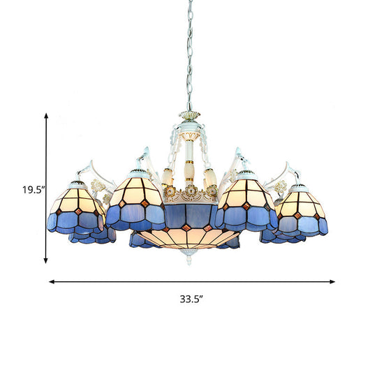 Tiffany Stained Glass Hanging Chandelier - 11 Light Pendant Ceiling Light with Flower/Square/Diamond/Gem Pattern - White