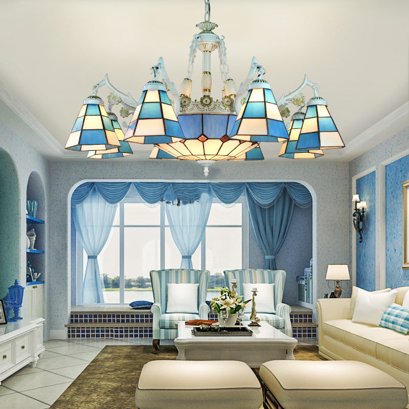 Tiffany Stained Glass Hanging Chandelier - 11 Light Pendant Ceiling Light with Flower/Square/Diamond/Gem Pattern - White