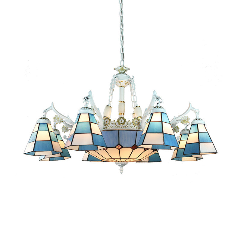 Tiffany Stained Glass Hanging Chandelier - 11 Light Pendant Ceiling Light with Flower/Square/Diamond/Gem Pattern - White