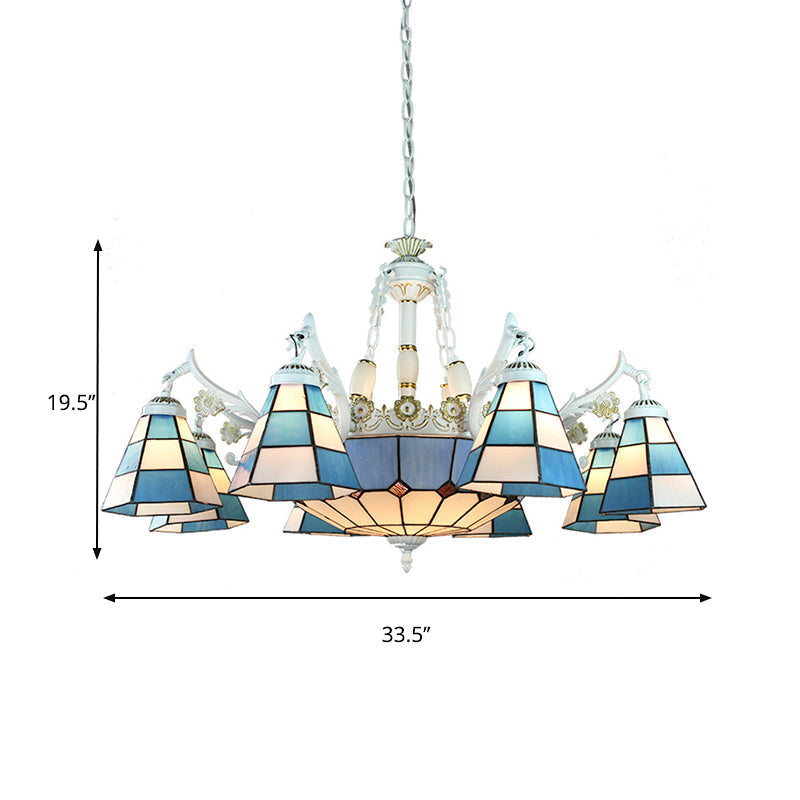 Tiffany Stained Glass Hanging Chandelier - 11 Light Pendant Ceiling Light with Flower/Square/Diamond/Gem Pattern - White